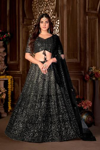 Black Embroidered Net Lehenga-Choli