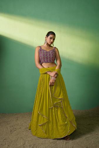 Green Embroidered Georgette Lehenga-Choli
