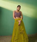 Green Embroidered Georgette Lehenga-Choli