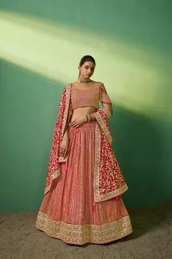 Red Embroidered Georgette Lehenga-Choli