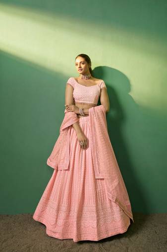 Peach Embroidered Georgette Lehenga-Choli