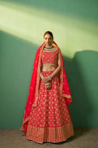 Red Embroidered Georgette Lehenga-Choli