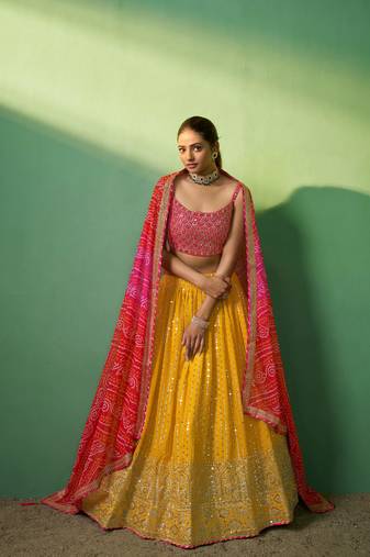 Mustard Embroidered Georgette Lehenga-Choli