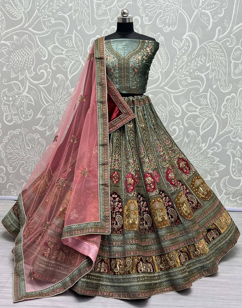 Pista Embroidered Velvet Lehenga-Choli