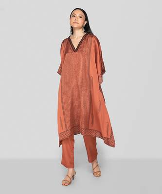 Dark peach hand block printed kaftan set 1