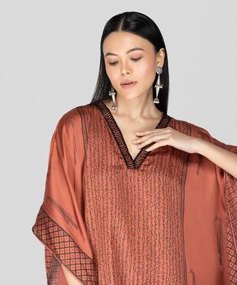 Dark peach hand block printed kaftan set 2