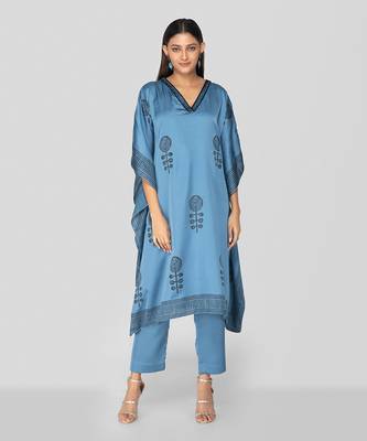 Command blue hand block printed kaftan set 1