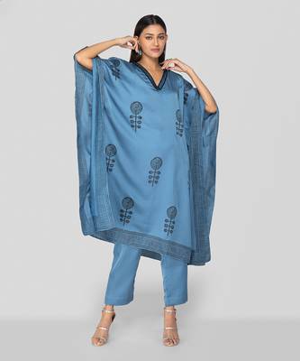 Command blue hand block printed kaftan set 3