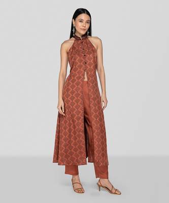 Dark peach hand block printed halter neck kurta set 1