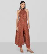 Dark peach hand block printed halter neck kurta set