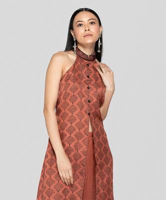 Dark peach hand block printed halter neck kurta set 2