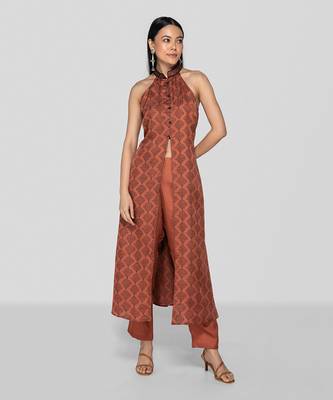 Dark peach hand block printed halter neck kurta set 3