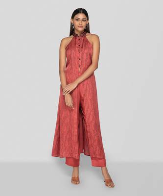 Porcelain rose hand block printed halter neck kurta set 1