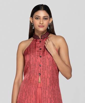 Porcelain rose hand block printed halter neck kurta set 2