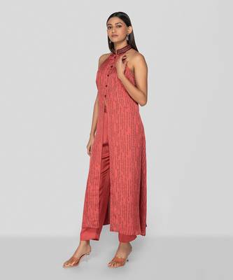 Porcelain rose hand block printed halter neck kurta set 3