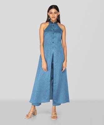 Command blue hand block printed halter neck kurta set 1