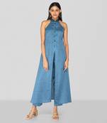 Command blue hand block printed halter neck kurta set