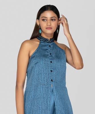 Command blue hand block printed halter neck kurta set 2
