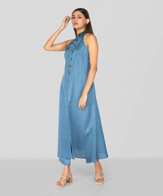 Command blue hand block printed halter neck kurta set 3