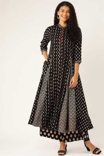 Women Black & Golden Printed Kurta with Palazzos