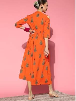 Orange Ethnic Motifs Ethnic A-Line Pure Cotton Midi Dress 2