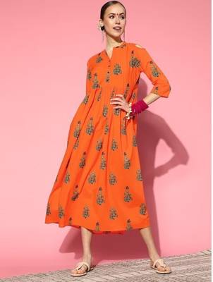 Orange Ethnic Motifs Ethnic A-Line Pure Cotton Midi Dress 1