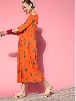 Orange Ethnic Motifs Ethnic A-Line Pure Cotton Midi Dress 4