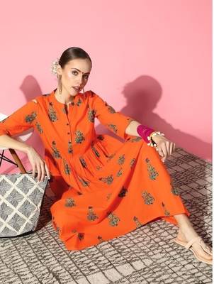 Orange Ethnic Motifs Ethnic A-Line Pure Cotton Midi Dress 5