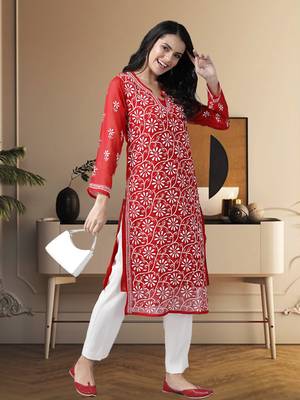 Ada hand embroidered red georgette lucknowi chikankari indian women straight kurta with slip - a90361 1