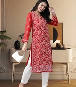 Ada hand embroidered red georgette lucknowi chikankari indian women straight kurta with slip - a90361