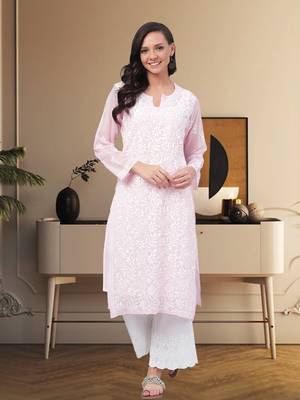 Hand Embroidered Baby Pink Georgette Lucknowi Chikankari Indian Women Straight Kurta With Slip 1