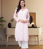Hand Embroidered Baby Pink Georgette Lucknowi Chikankari Indian Women Straight Kurta With Slip