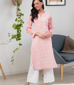 Hand Embroidered Peach Georgette Lucknowi Chikankari Indian Women Straight Kurta