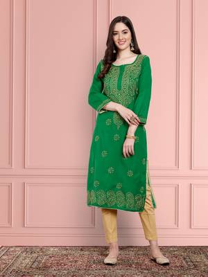 Hand Embroidered Green Cotton Lucknowi Chikankari Indian Women Straight Kurta 1