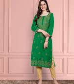 Hand Embroidered Green Cotton Lucknowi Chikankari Indian Women Straight Kurta