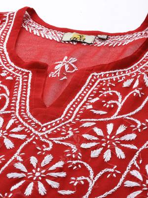 Ada hand embroidered red georgette lucknowi chikankari indian women straight kurta with slip - a90361 2