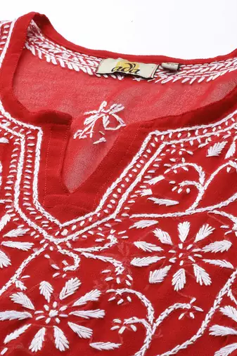 Ada hand embroidered red georgette lucknowi chikankari indian women straight kurta with slip - a90361