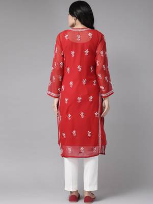 Ada hand embroidered red georgette lucknowi chikankari indian women straight kurta with slip - a90361 3