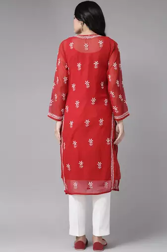 Ada hand embroidered red georgette lucknowi chikankari indian women straight kurta with slip - a90361