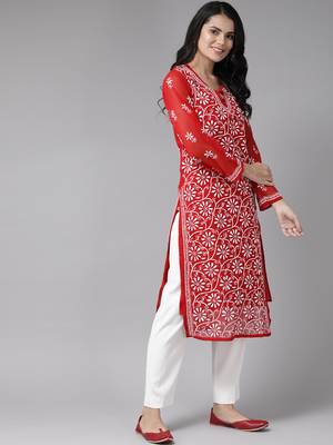 Ada hand embroidered red georgette lucknowi chikankari indian women straight kurta with slip - a90361 4