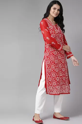 Ada hand embroidered red georgette lucknowi chikankari indian women straight kurta with slip - a90361