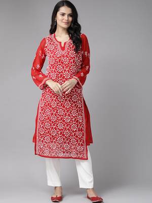 Ada hand embroidered red georgette lucknowi chikankari indian women straight kurta with slip - a90361 5