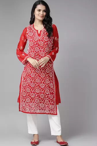Ada hand embroidered red georgette lucknowi chikankari indian women straight kurta with slip - a90361