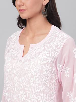 Hand Embroidered Baby Pink Georgette Lucknowi Chikankari Indian Women Straight Kurta With Slip 2