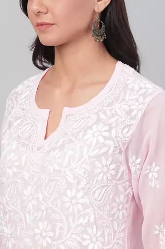 Hand Embroidered Baby Pink Georgette Lucknowi Chikankari Indian Women Straight Kurta With Slip