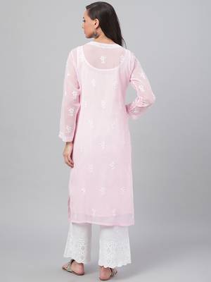 Hand Embroidered Baby Pink Georgette Lucknowi Chikankari Indian Women Straight Kurta With Slip 3