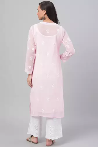 Hand Embroidered Baby Pink Georgette Lucknowi Chikankari Indian Women Straight Kurta With Slip