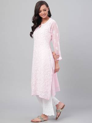 Hand Embroidered Baby Pink Georgette Lucknowi Chikankari Indian Women Straight Kurta With Slip 4