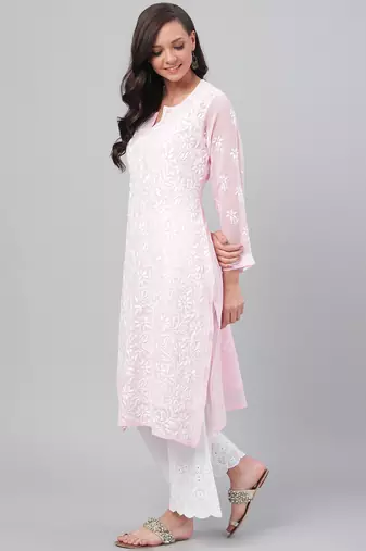 Hand Embroidered Baby Pink Georgette Lucknowi Chikankari Indian Women Straight Kurta With Slip