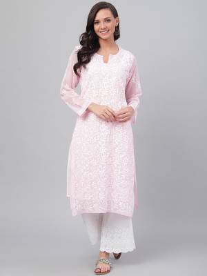 Hand Embroidered Baby Pink Georgette Lucknowi Chikankari Indian Women Straight Kurta With Slip 5